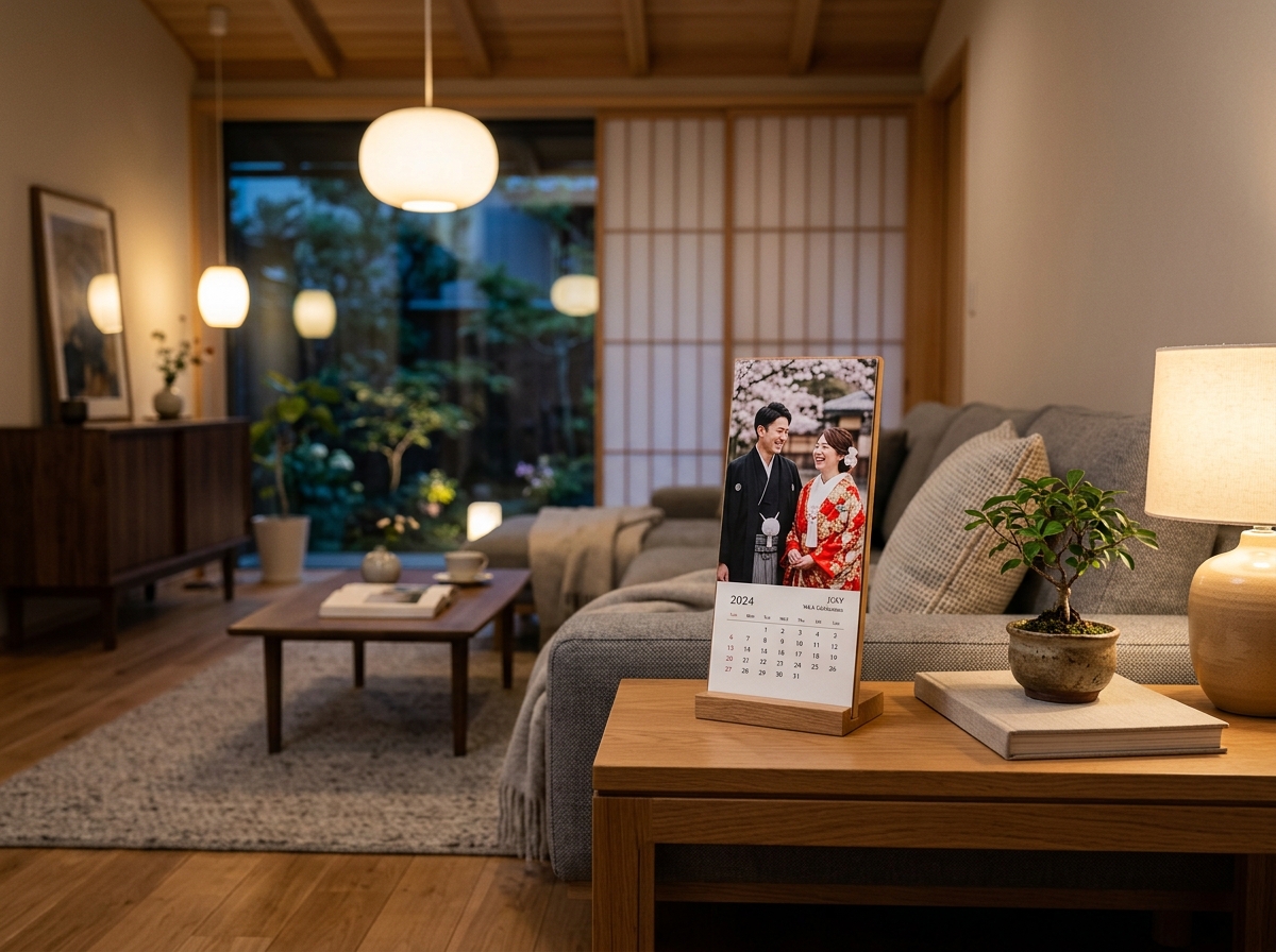 和装の記念写真がプリントされたオリジナル短冊カレンダーが飾られたリビング